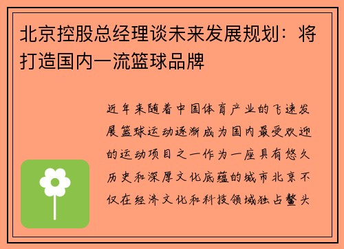 北京控股总经理谈未来发展规划：将打造国内一流篮球品牌