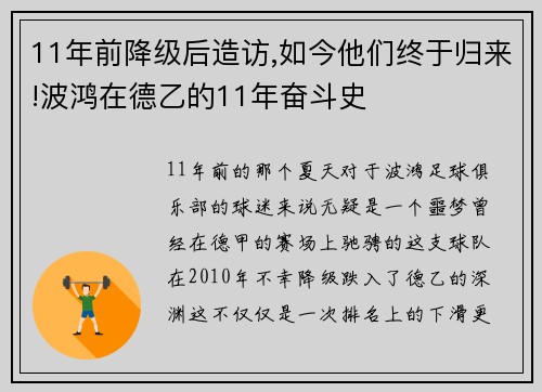 11年前降级后造访,如今他们终于归来!波鸿在德乙的11年奋斗史