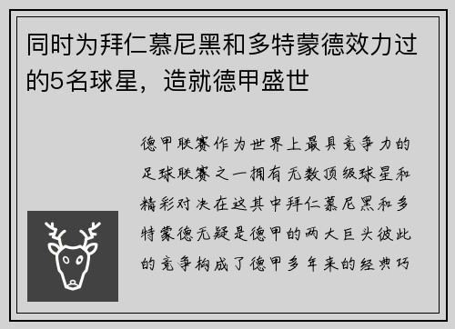 同时为拜仁慕尼黑和多特蒙德效力过的5名球星，造就德甲盛世