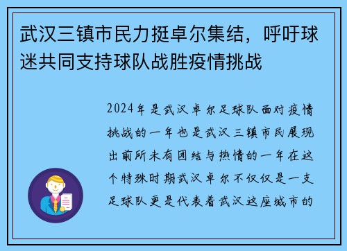 武汉三镇市民力挺卓尔集结，呼吁球迷共同支持球队战胜疫情挑战