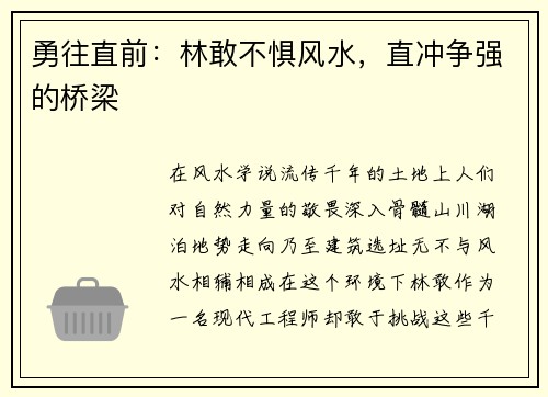 勇往直前：林敢不惧风水，直冲争强的桥梁